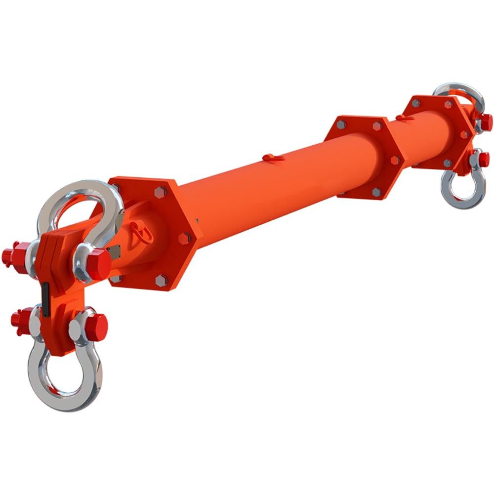 An orange lifting spreader beam with shackles